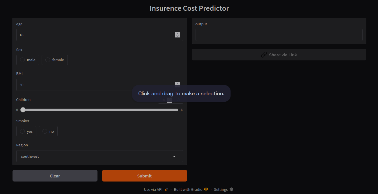 Insurance Cost Predictor app interface